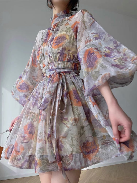 Aconiconi｜Flower Island Girl Retro French Print Small Design Lantern Sleeve Short Dress Dress Summer
