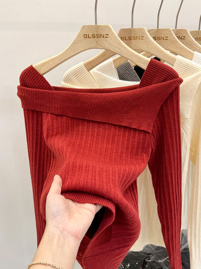 Stitching Knitted Bottom Sweater Women's Autumn and Winter Inner Design One-shoulder Unique Chic Top Square Neck Knitted Sweater Women