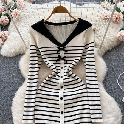 Autumn and winter new women's fashionable temperament bowknot striped knitted dress French high-quality slim wrap hip dress