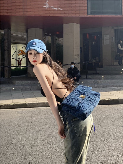 SEOUL sweet cool strappy backless bottoming vest female + old washed ripped jeans street straight casual pants