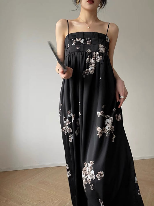 Aconiconi｜Moon Shadow Flower Room High-end design French retro print tube top suspender loose dress