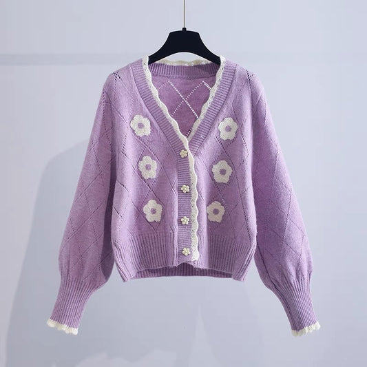 Literary small fresh short V-neck knitted cardigan women's 2022 spring and autumn new Korean version loose sweater small coat