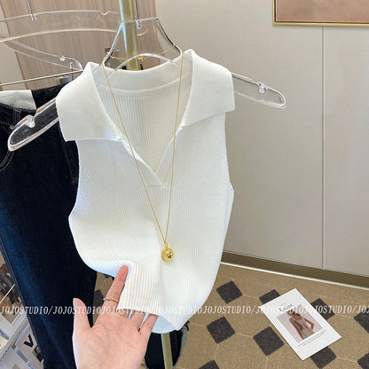 Hong Kong flavor pink polo collar knitted vest female 2023 spring and summer new chic hot girl sexy halter neck sleeveless top