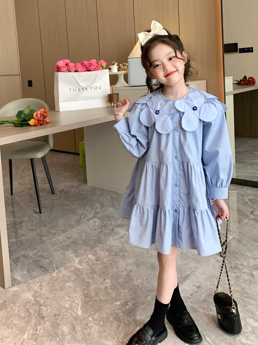 Original children's clothing girls cotton long-sleeved dress spring 2023 new big children's blue A-line shirt skirt