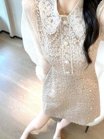 Heavy industry lace dress high-end sense 2023 spring new women's clothing temperament lady French jacquard court style skirt 2015u