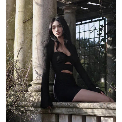 Black Slim Dress Temperament Goddess Fan 2022 Autumn New Style Hollow Design Sense Niche Skirt Short Section
