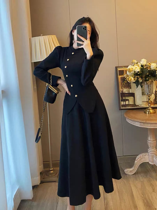 Small fragrance temperament two-piece suit women's autumn new style French retro Hepburn black dress long skirt