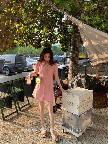 MMENGJA "Summer Sweetheart ゝ Pink Shirt Dress Slim Polo Collar Pure Desire Summer A-line Short Dress