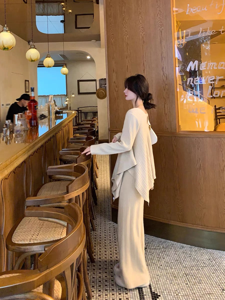 GUOGUOWOMEN 2022 Autumn Irregular Knitted Sweater + High Waist Casual Wide Leg Pants Fashion Suit