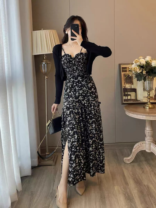 Floral suspender dress female 2022 autumn new French retro Hepburn style high-end temperament two-piece suit
