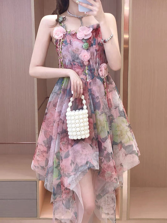 2022 summer new sweet temperament fairy three-dimensional flower fungus edge irregular mesh suspender dress female 1464