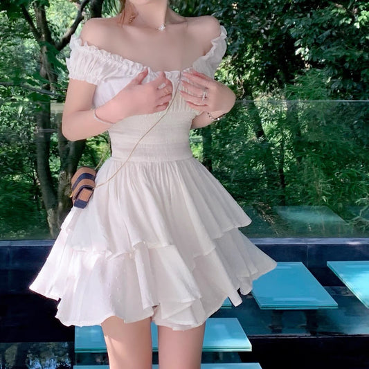 ByYou white French retro one-shoulder fungus edge dress women's waist is thin cotton and linen cake short skirt 1146