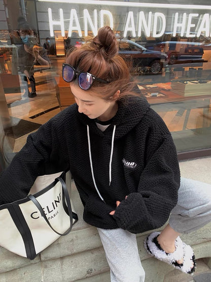 Big C comes also polar fleece letter sweater women's autumn and winter new Korean version oversize all-match trend hooded top