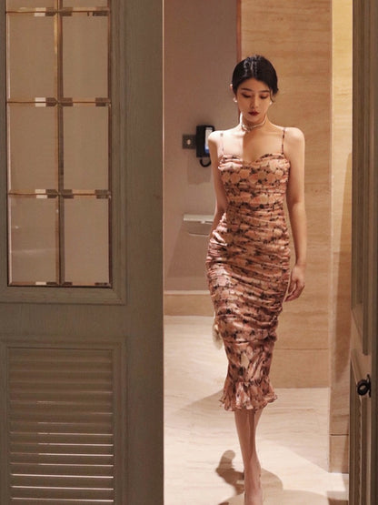 Thirteen and Little French Floral Dress Women's Summer Slim Thin Package Hip Skirt Sexy Sling Mermaid Skirt