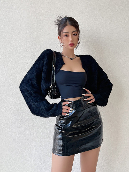 liviahome Sexy Babes High Waist Tight Slim Hip Skirt Trendy Embossed Patent Leather Skirt Skirt