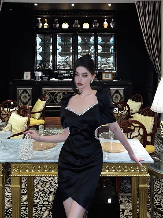 Heavy industry black waistless dress summer female Hepburn French chic, stunning, beautiful, thin, small black dress 6431