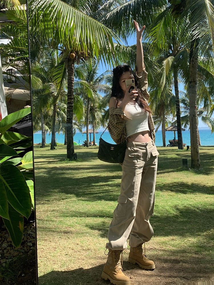 Big moss trendy cool girl personality multi-pocket fashion loose casual all-match straight overalls female spring and autumn