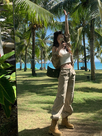 Big moss trendy cool girl personality multi-pocket fashion loose casual all-match straight overalls female spring and autumn
