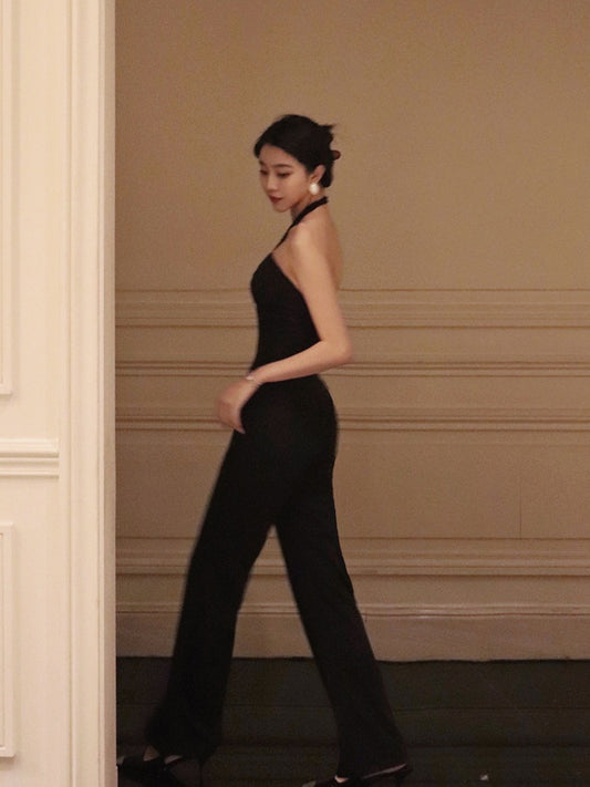 Thirteen and Little Black Halter Neck Jumpsuit Women's Summer New Slim Slim High Waist Wide Leg Pants Long Pants