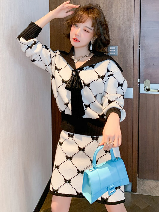 MIUCO bowknot rhombus mixed nail drill knitted sweater + high waist skirt suit women's clothing women's 2022 early autumn new