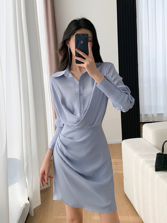 FT GUOGE Shirt Dress Women's 2023 Spring New Waist Slimming Aura Strong Commuting Satin Skirt