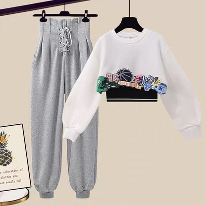 Autumn female hot girl suit small autumn dress with a complete set of high-end Hong Kong style sweater casual pants two-piece set