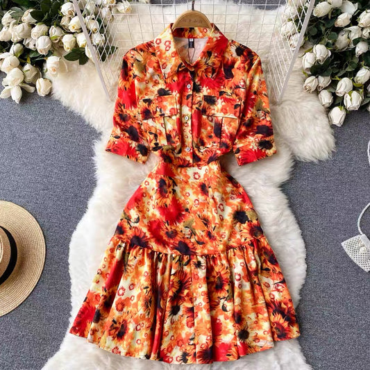 2022 European station new French retro printing light familiar style temperament ladies pleated dress shirt skirt trend