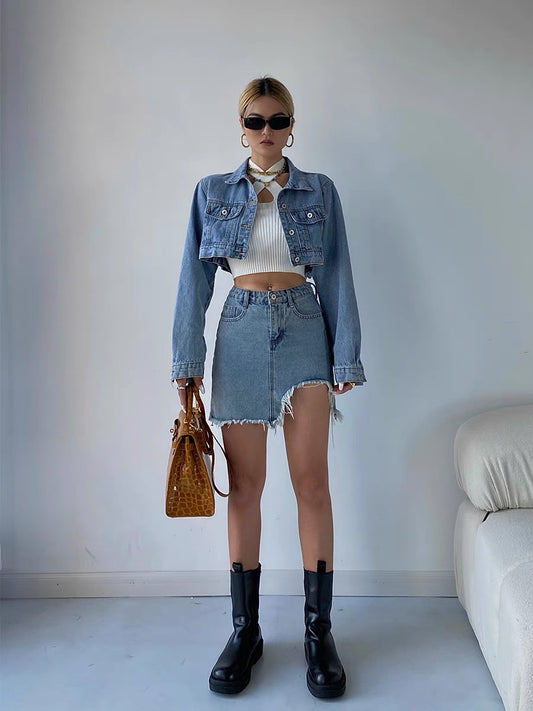 Jingye European and American style short denim jacket women's 2022 summer new high-waisted slim skirt two-piece suit
