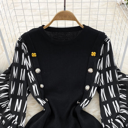 2023 Autumn New Fake Two-piece Contrasting Color Long Sleeve Covering Belly Showing Thin and Age-Reducing Temperament Round Neck A-Line Knitted Dress