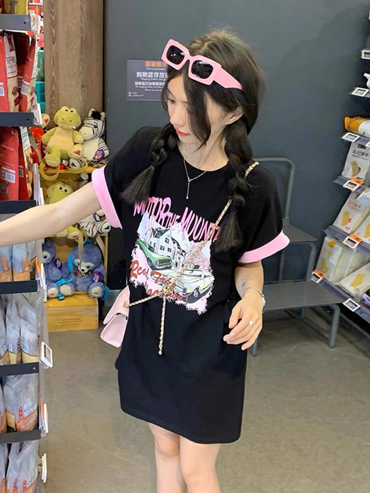 American sweet babes hit color short-sleeved T-shirt skirt women's summer 2022 new design sense waist slim dress