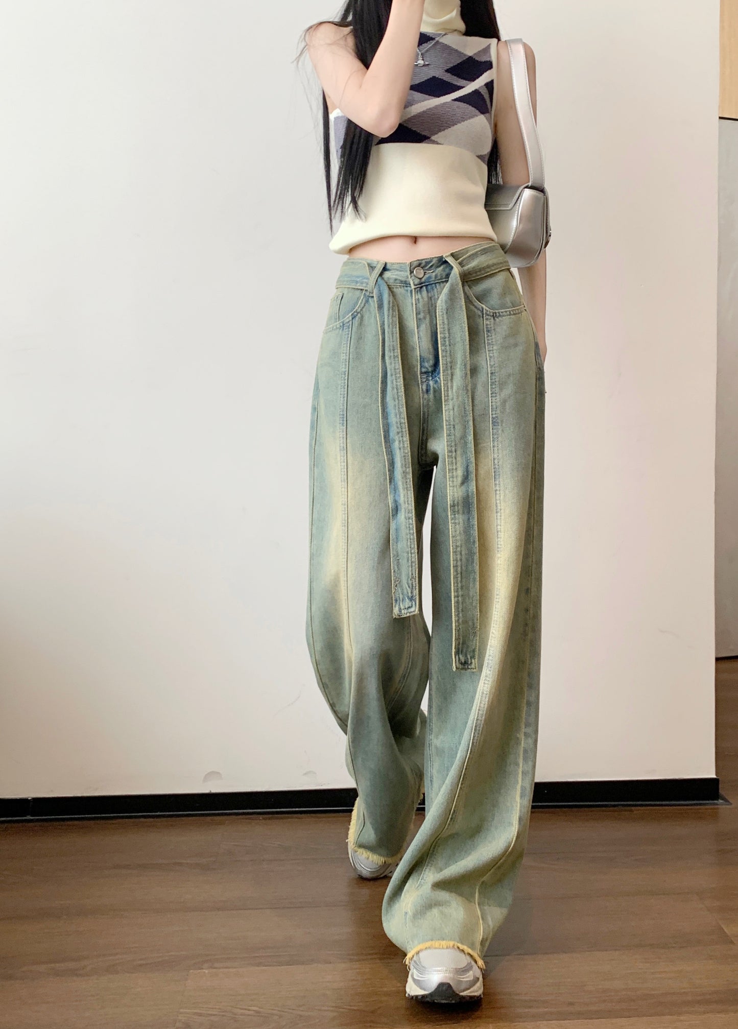 Retro old raw edge jeans women's summer high waist loose straight trousers design sense wide leg mopping pants