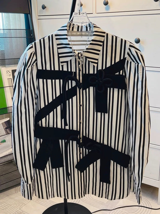 Striped shirt bow jacket women's high-end super good-looking 2022 new hot style thin autumn top ins tide