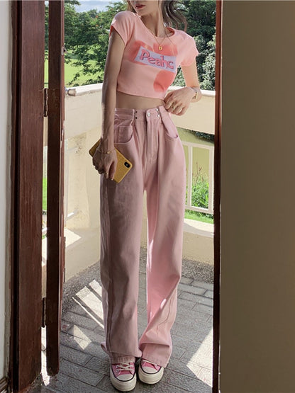 Short-sleeved front shoulder T-shirt women's summer 2023 new pure desire sweet hot girl style self-cultivation short section navel printing top ins