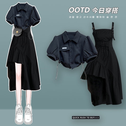 Black Irregular Strap Dress Summer 2023 New Royal Sister Shirt Sweet Spicy Wind Fried Street Skirt Two-piece Set