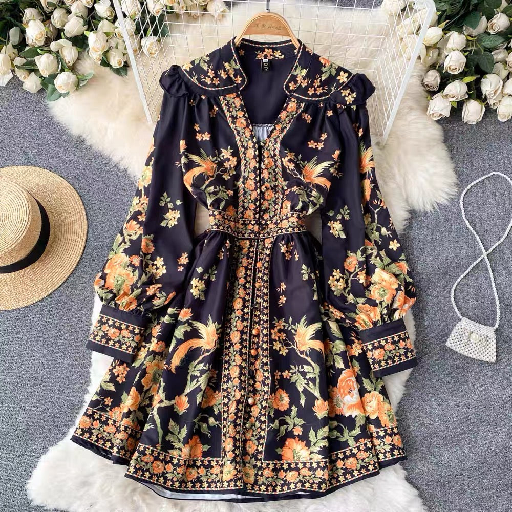 Court style retro floral dress female celebrity temperament V-neck single-breasted waist-slimming puff-sleeved A-line skirt