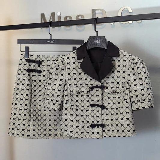 Miss DG summer suit female summer suit skirt two-piece set Western style bow short-sleeved top small fragrance suit