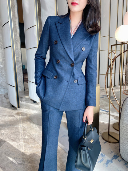 Autumn and winter thickened navy blue herringbone pattern suit jacket wool woolen warm commuting slim micro boot pants work wear women