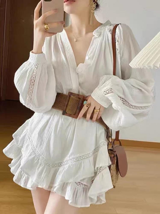 Autumn suit female 2023 new temperament celebrity white lace hollow long-sleeved top + skirt pants two-piece set