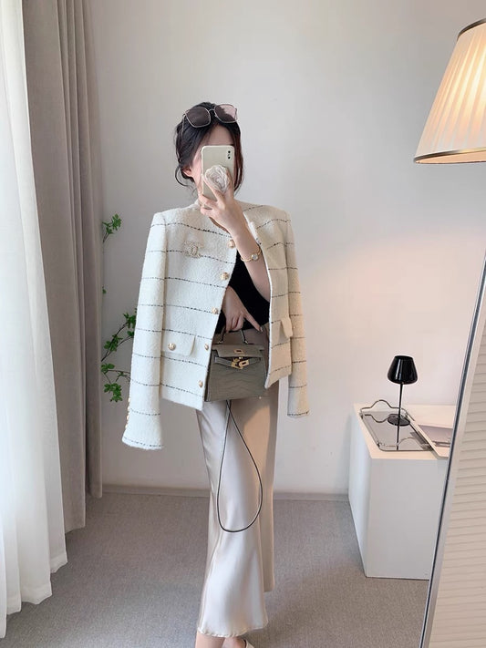 CHICROOM small fragrance coat women's autumn ladies high-quality milk striped round neck woolen coat top