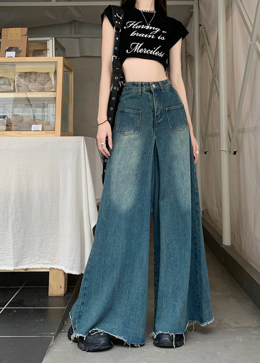Retro blue raw-edged jeans women's summer high-waist all-match trousers loose slim straight-leg wide-leg mopping trousers