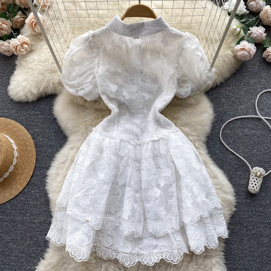 Small chic and beautiful lace puff sleeve dress summer women's artistic sense forest princess first love skirt