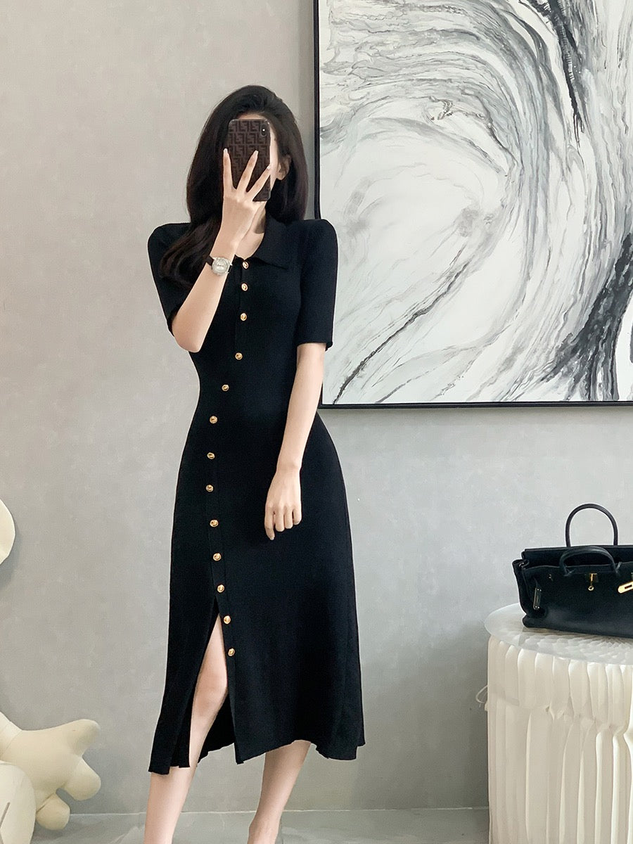 2023 summer new tea break French style polo collar black dress women's knitted short-sleeved design sense slit long skirt