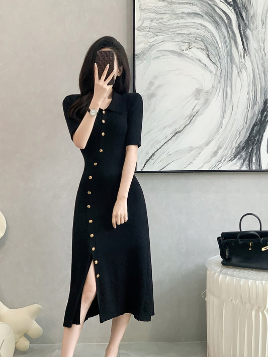 2023 summer new tea break French style polo collar black dress women's knitted short-sleeved design sense slit long skirt