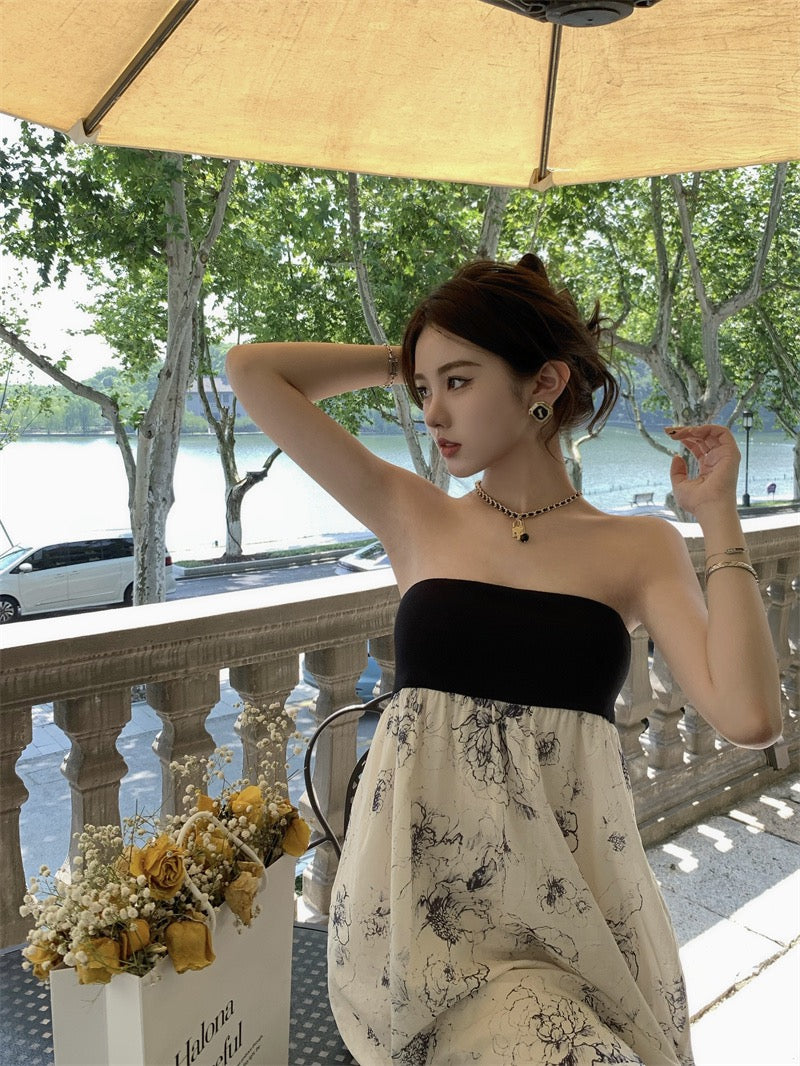Black and white ink printing niche design sense retro high-end tube top dress women's summer seaside holiday dress