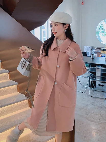 Pink Korean woolen coat women's autumn and winter small man 2022 new thickened high-quality sweet milk fufu coat