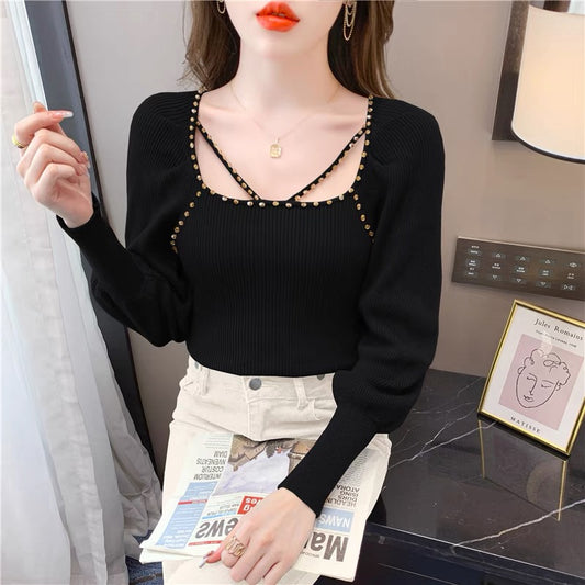 Knitted bottoming shirt women's autumn and winter 2022 new French square collar nail drill lantern sleeve sweater pullover inner top