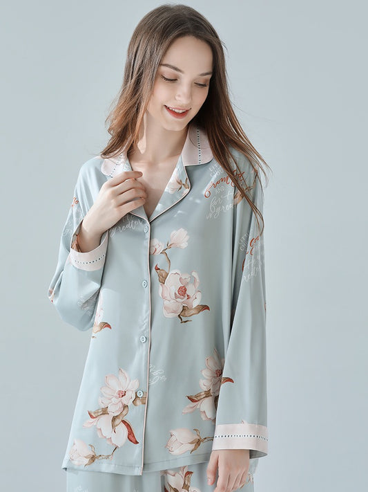 IIZZINI 2023 women's pajamas spring and autumn long-sleeved ice silk Chinese style white magnolia flower trousers home clothes set
