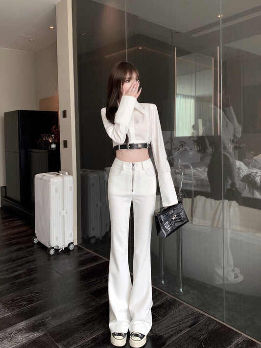 CHICYOU [Korean long-legged beauties] zipper decoration micro flared pants slim fit and slim trousers mopping pants