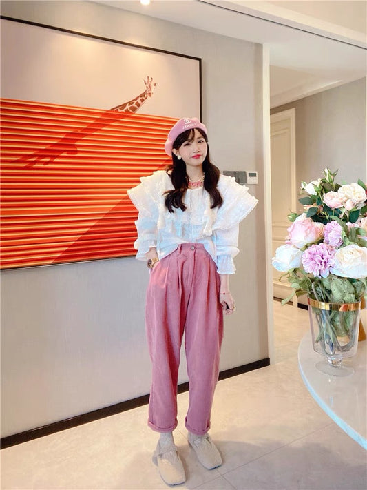 JENNIFER JXLIU Korean autumn and winter leather pink elastic high waist loose and thin corduroy harem pants trousers