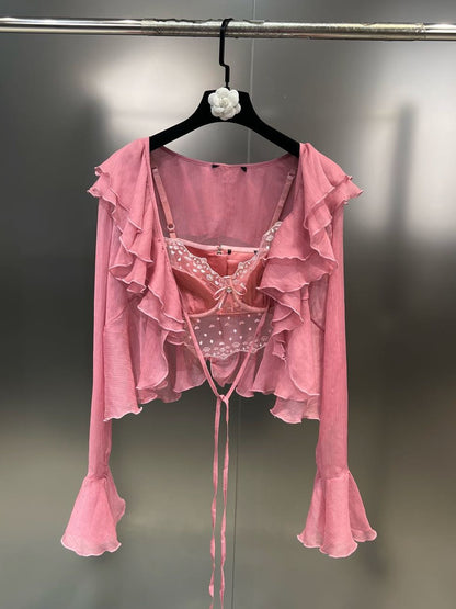 Grapefruit MM 2023 spring ruffled V-neck long-sleeved shirt with lace polka-dot suspenders pure desire style two-piece set